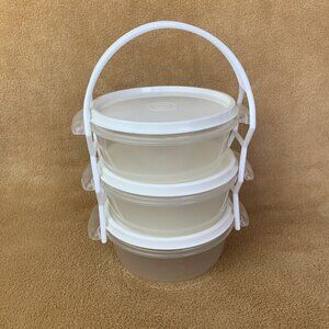Dragon Ware 5.5" Set of 3 Round Plastic Containers White Lids Carrier Vintage
